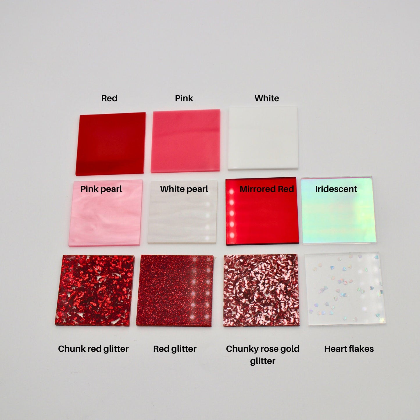 List of available acrylic colors. Red Pink White Pink pearl White pearl Mirror red Iridescent Chunky red glitter Red glitter Chunky rose gold glitter Heart flakes