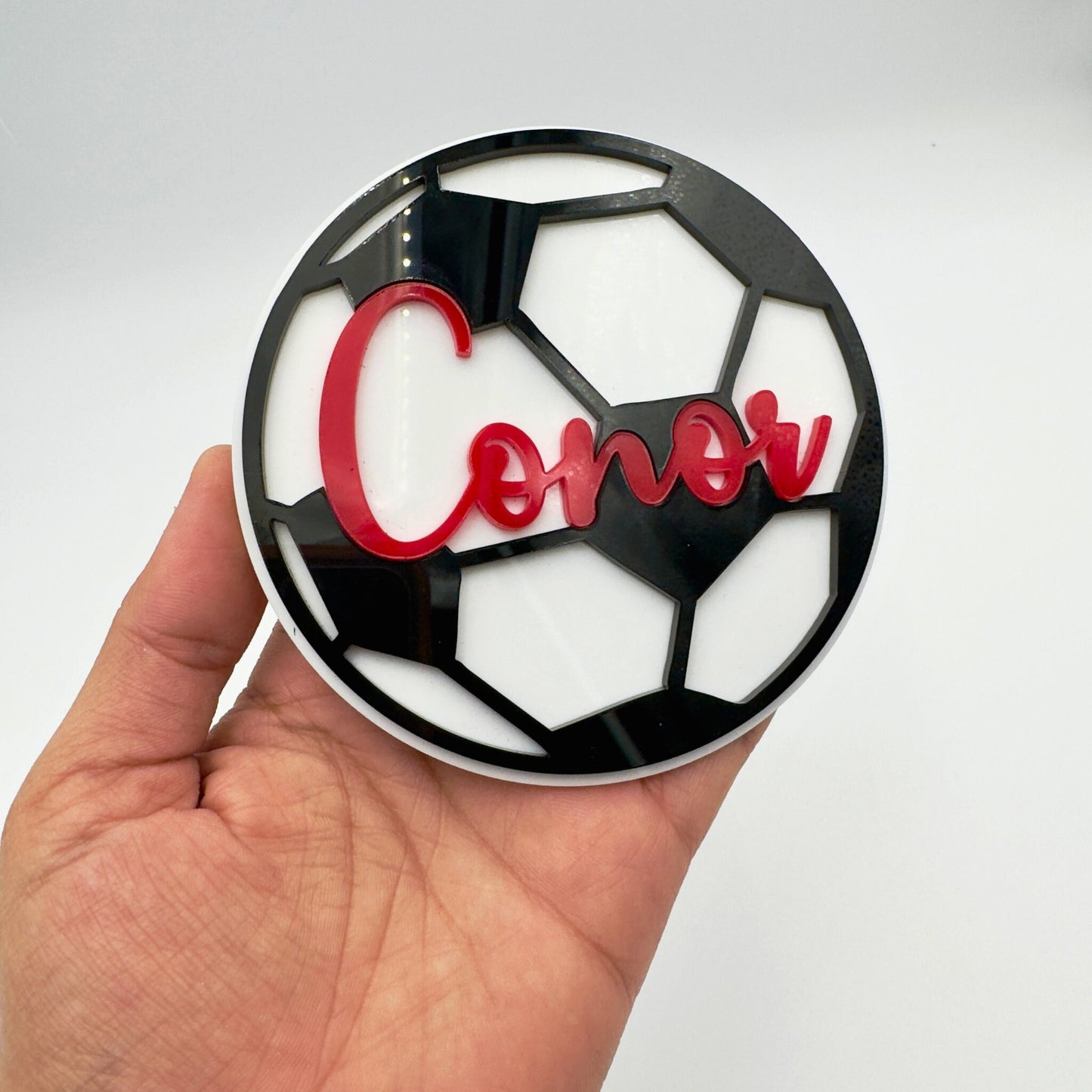 Soccer bogg tag with red text