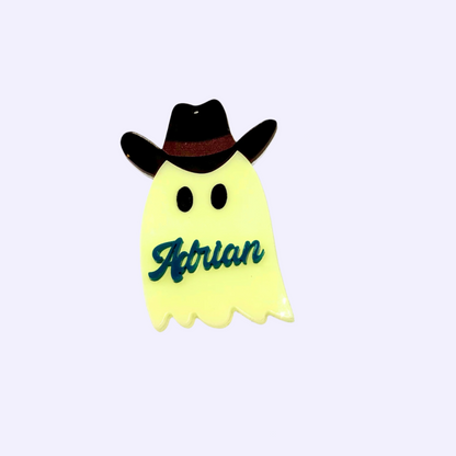 Western ghost with brown hat and teal text