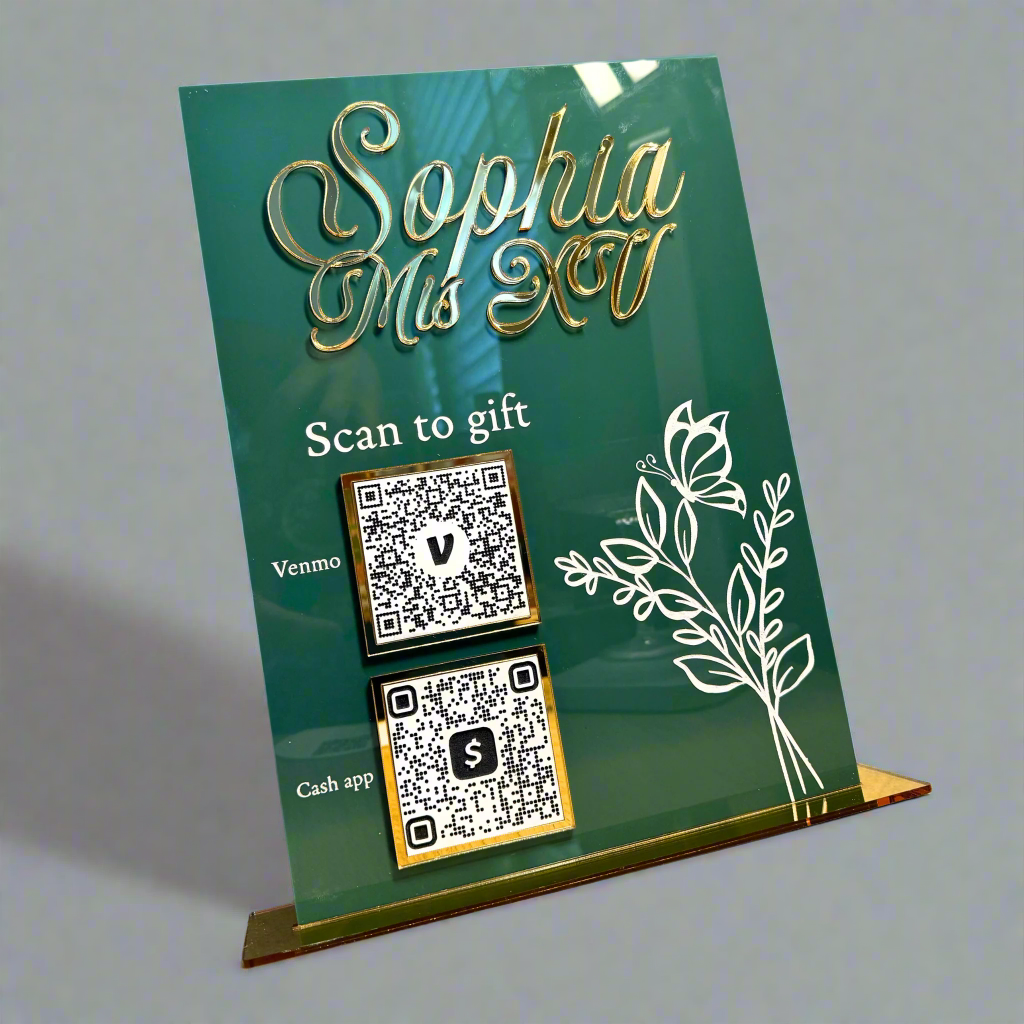 Quinceañera QR signage In emerald acrylic