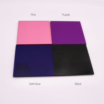 4 of the available acrylic options Pink Purple Dark blue Black