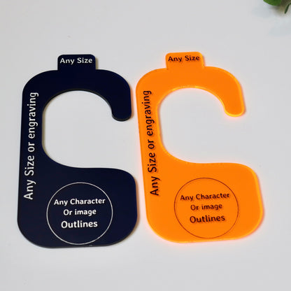 Neon orange and dark blue acrylic closet dividers. Both dividers have engraved, “any size, any size or engraving, any character or image outlines” on it