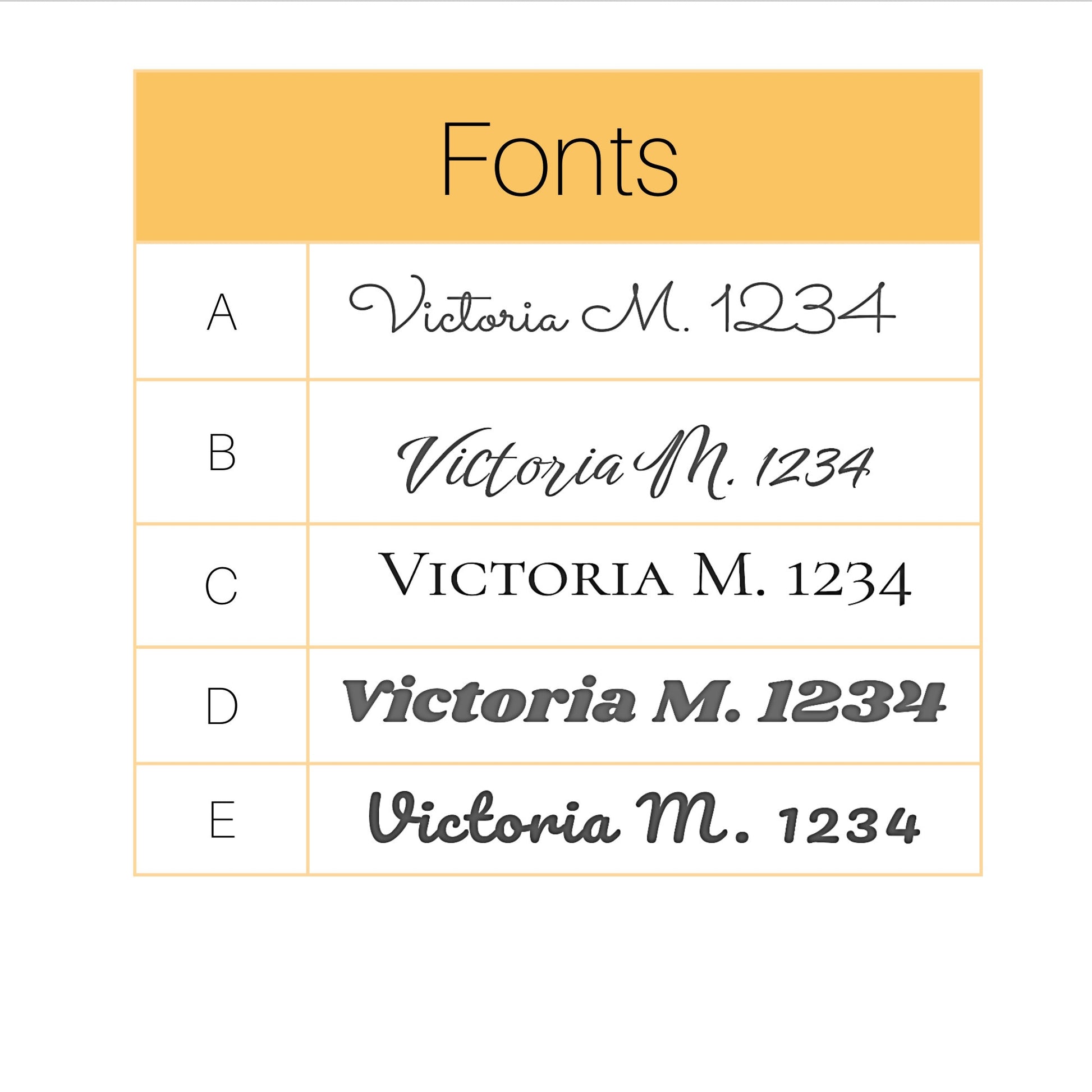 Image of available fonts for engraving. 3 are cursive 2 are bold