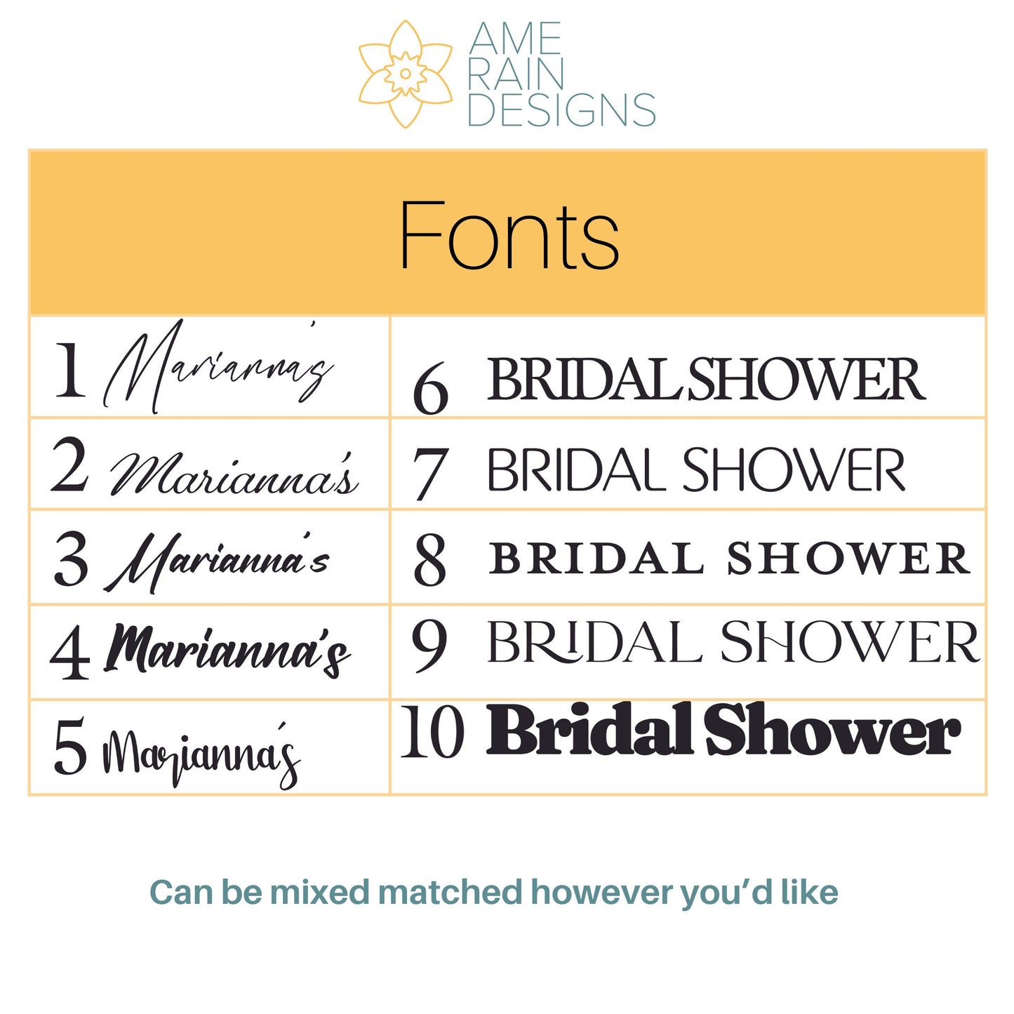 List and demo of 10 available fonts. We ask customers to select 2 out of the 10