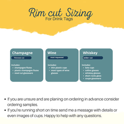 Chart with explanation of the 3 available rim cuts. Champagne, wine, whiskey