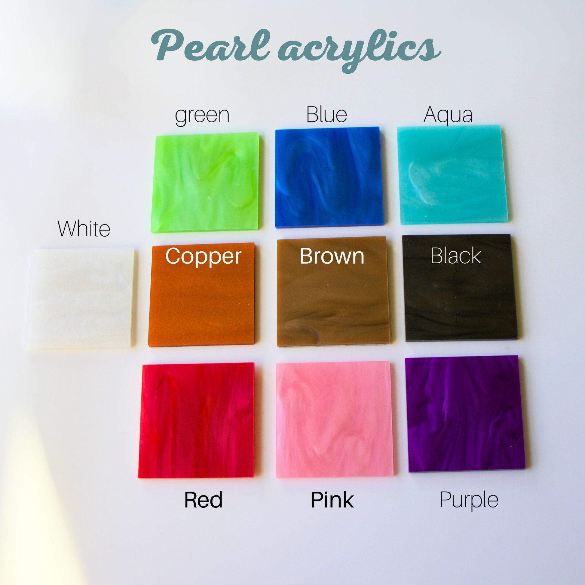 Color swatches for pearl acrylics White Green Blue Aqua Copper Brown Black Red Pink Purple