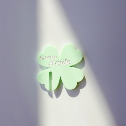 Front facing Close up of shamrock drink tag in pastel green